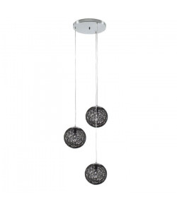 BAYA Lustre  suspension 3 boules rotin Ř20cm noires. Hauteur plafond 105cm