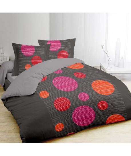 VISION Parure de couette BULLES 10% coton  1 housse de couette 220x240cm  2 taies 65x65cm  Gris, orange et fushia