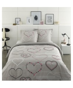 VISION Parure de couette VALENTINE 100% Coton  1 housse de couette 220x240cm  2 taies d\'oreillers 65x65cm  Gris et rose