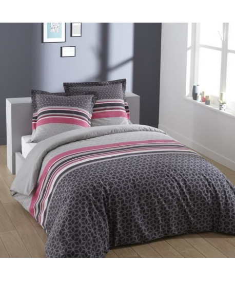 VISION Parure de couette LISA  1 housse de couette 240x260 cm  2 taies d\'oreiller 65x65 cm gris et rose