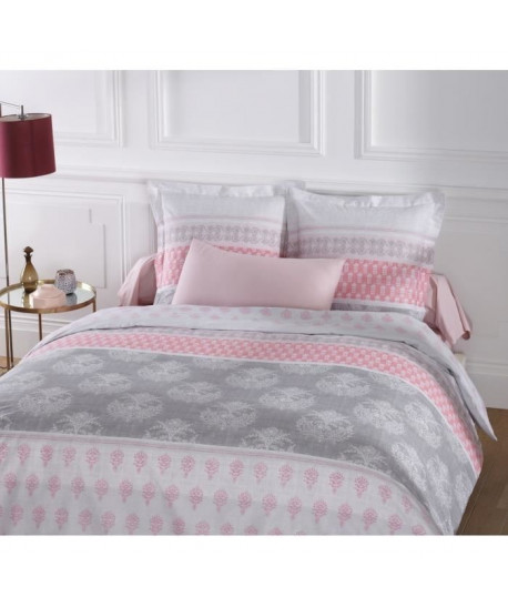 VISION Parure de couette ROMANE 100% coton  1 housse de couette 220x240 cm  2 taies d\'oreiller 65x65 cm blanc et rose