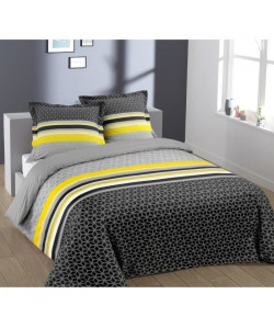 VISION Parure de couette 100% Coton LISA  1 housse de couette 200x200 cm  2 taies d\'oreillers 65x65 cm jaune et gris