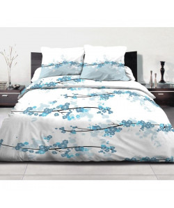 Parure de Couette 100% Coton JAPY  1 Housse de Couette 220x240 cm  2 Taies d\'Oreillers  Bleu