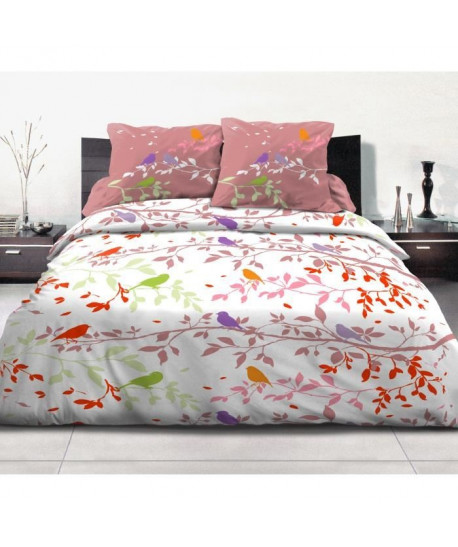 Parure de Couette 100% Coton BRANCHE AUTOMNE  1 Housse de Couette 220x240 cm  2 Taies d\'Oreillers  Blanc et rose