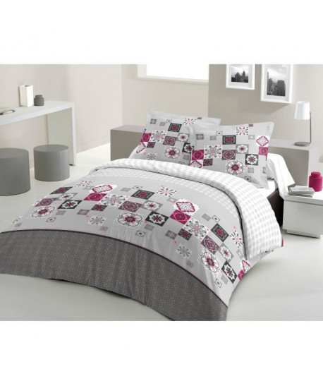 LOVELY HOME Parure de couette 100% coton MOSAICA  1 Housse de couette 200x200 cm  2 Taies d\'Oreillers 65x65 cm  Gris