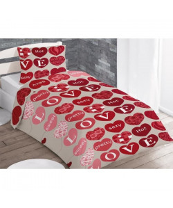 SOLEIL D\'OCRE Parure de couette Pretty love  1 housse de couette 140x200 cm  1 taie 63x63 cm naturel et rouge