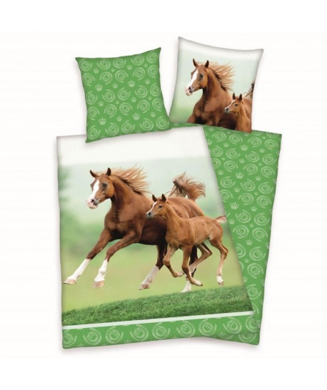 Parure de couette enfant motif Chevaux 100% coton  1 housse de couette 140x200 cm  1 taie d\'oreiler 65x65 cm vert et marron