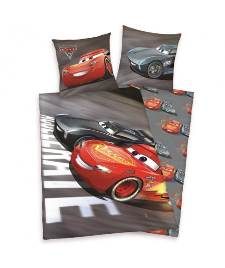 CARS 3 Parure de couette 100% Coton  1 housse de couette 140x200cm  1 taie d\'oreiller 65x65cm gris et rouge