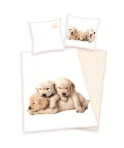 Parure de couette enfant Chiots 100% coton  1 housse de couette 140x200 cm  1 taie d\'oreiller 65x65 cm blanc