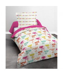 TODAY Parure de couette HAPPY CATS 100% coton  1 housse de couette et 1 taie d\'oreiller  140x200 cm  Blanc et rose fuschia