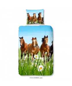 GOOD MORNING Parure de Couette Chevaux 100% coton  1 housse de couette 140x200 cm  1 taie d\'oreiller 60x70cm marron