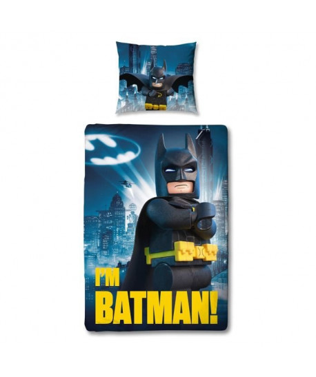 Parure de couette 100% Coton LEGO BATMAN  1 housse de couette 140x200 cm  1 Taie d\'oreiller 63x63 cm bleu, gris et jaune