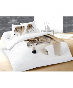 SOLEIL D\'OCRE Parure de couette Wolf 100% coton effet 3D  1 housse de couette 220x240 cm  2 taies 63x63 cm blanc et marron