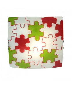 MAYLIS Plafonnier verre sérigraphié 30x30x10 cm Puzzle Rouge et Vert