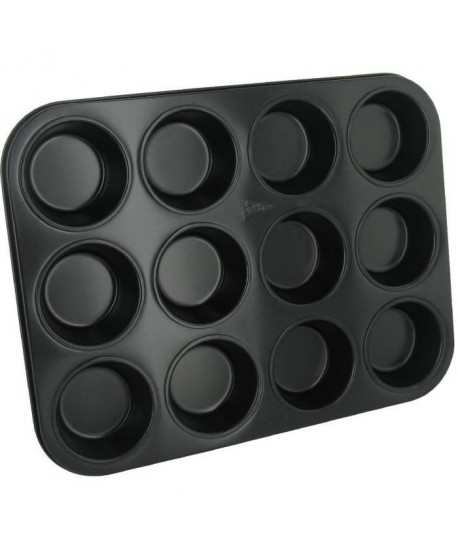 PATISSE Plaque a muffins antiadhésif en acier revetu  12 cavités  35x27 cm  Noir