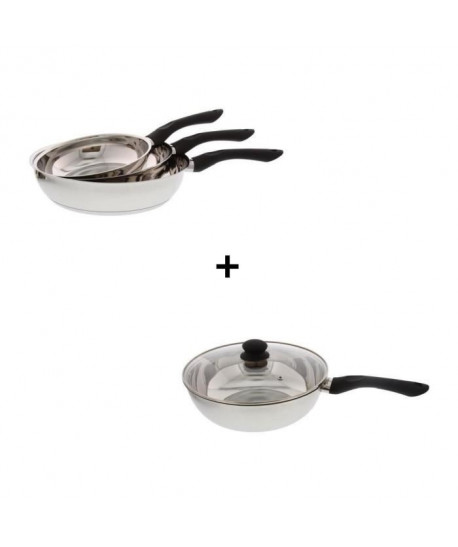 Pack FINLANDEK Nauris : Set de 3 poeles Ř20, 24 et 28 cm  Wok avec couvercle Ř28 cm