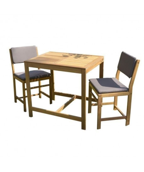 Ensemble de mobilier de jardin ou de balcon 2 places  1 table et 2 chaises avec coussins d\'assise  En bois acacia