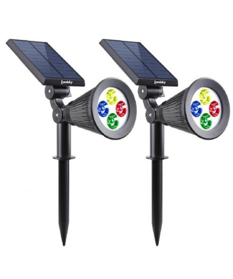 LUMISKY Pack de 2 Spots solaires extérieur étanches  4 LEDs colorées  200 Lm  Tete pivotante a 90C