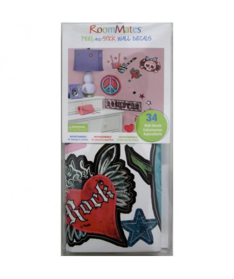 ROOMMATES Lot de 34 stickers GIRLS ROCK N ROLL repositionnables 4 feuilles de 10,1cm x 44,1cm