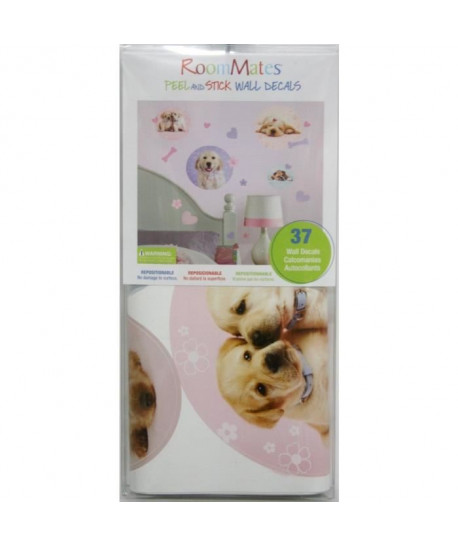 ROOMMATES Lot de 37 stickers MIGNONS CHIOTS repositionnables 4 feuilles de 10,1cm x 44,1cm