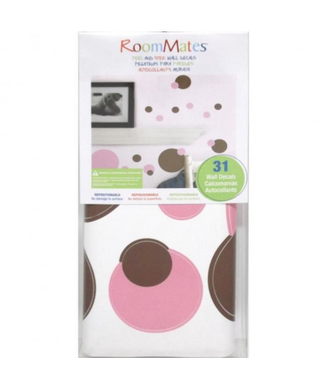 ROOMMATES Stickers JUST DOTS PEEL repositionnables  Marron et rose 4 feuilles de 10,1cm x 44,1cm