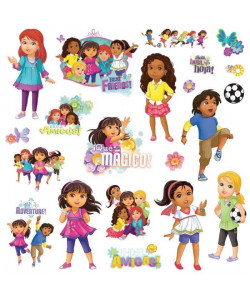 ROOMMATES Lot de 20 stickers DORA L\'EXPLORATRICE ET SES AMIS repositionnables 4 feuilles de 10,1cm x 44,1cm