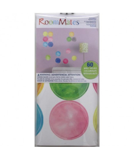 ROOMMATES Lot de 60 stickers POIS AQUARELLE MULTICOLORE repositionnables 4 feuilles de 10,1cm x 44,1cm