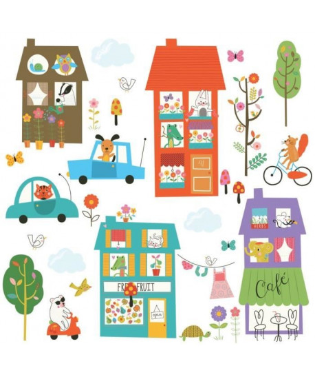 ROOMMATES Lot de 32 stickers VILLE MULTICOLORE repositionnables 4 feuilles de 10,1cm x 44,1cm