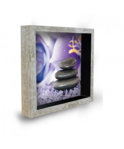 Tableau déco cadre vitrine 20x20  Galets zen violet