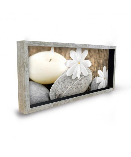 Tableau déco cadre vitrine 20x50  Galets fleurs blanches