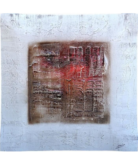 ABSTRAIT Tableau déco bombé toile peinte a la main 70x70 cm gris et rouge