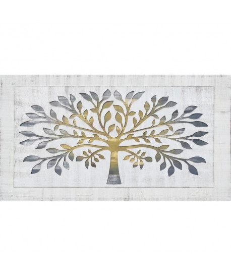 Toile peinte relief Arbre avec feuilles argentées  Coton  60x110 cm  Rose et vert