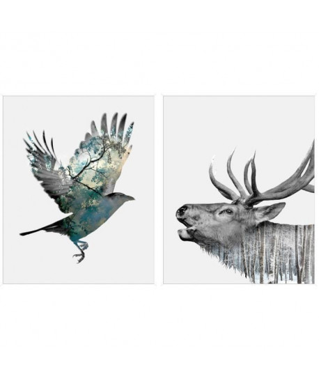 BIRD AND DEER Lot de 2 tableaux déco 20x25 cm Gris et bleu