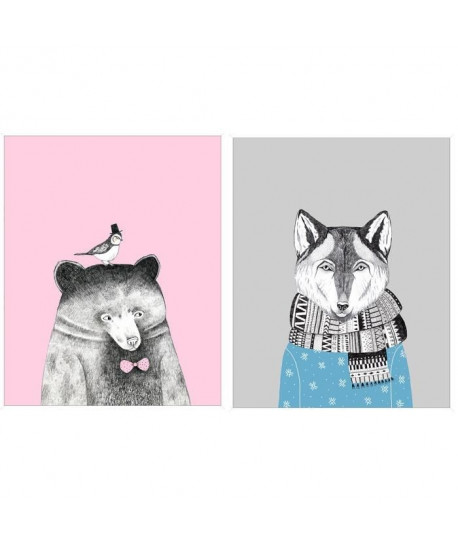 WOLF AND BEAR Lot de 2 tableaux déco 20x25 cm Rose, gris et bleu