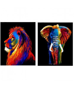 LION AND ELEPHANT Lot de 2 tableaux déco 20x25 cm Multicolore