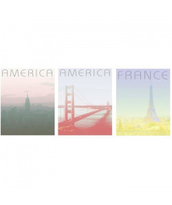 AMERICA Lot de 3 tableaux déco 20x25 cm Vert, rouge et jaune