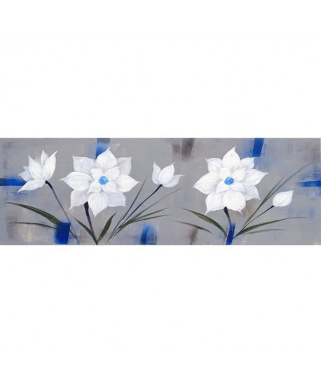 FLEURS BLANCHES Toile peinte 40x120 cm Blanc, bleu et noir