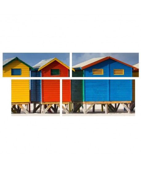 Tableau Multi Panneaux Cabane de plage sur toile 140x70 cm bleu et rouge