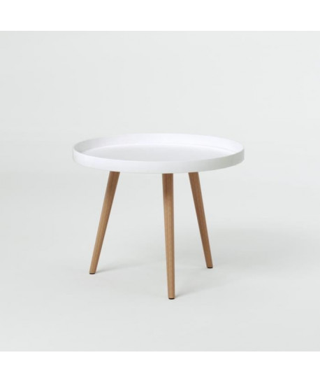 NORDIC Table basse ronde scandinave laquée blanc  pieds en bois hetre massif  Ř 60 cm