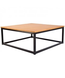 FACTO Table basse style industriel en métal époxy noir  plateau placage bois chene verni  L 85 x l 85 cm