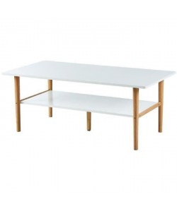 FROZEN Table basse scandinave laquée blanche et décor hévéa mat  pietement en hévéa massif  L 115 x l 60 cm