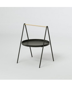 SLOP Bout de canapé/Table d\'appoint ronde style contemporain en métal laqué noir  poignée en bois hévéa  L 40 x l 40 cm