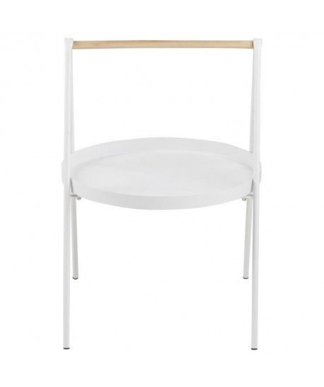 SLOP Table basse ronde style contemporain en métal laqué blanc  poignée en bois hévéa  L 40 x l 40 cm