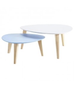 STONE Set de 2 tables basses contemporain blanc et bleu  pieds en bois pin  L 60  80 cm