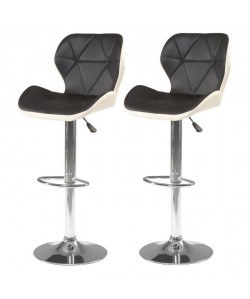 MAYA Lot de 2 tabourets de bar télescopique en pin massif  pieds métal  Simili noir et blanc  Contemporain  L 48 x P 50 cm