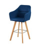 JONAS Tabouret de bar en tissu bleu  Pieds en bois massif  Scandinave  L 52 x P 55 x H 58 cm