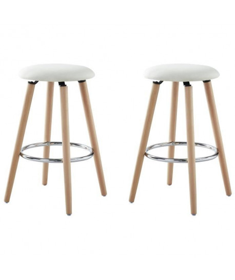 Noe Lot de 2 tabourets de bar en bois hetre massif  Revetement tissu blanc  Scandinave   L 35 x P 35 cm