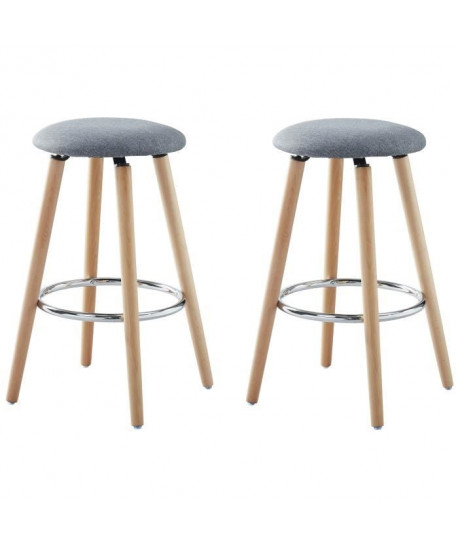 Noe Lot de 2 tabourets de bar en bois hetre massif  Revetement tissu gris  Scandinave   L 35 x P 35 cm