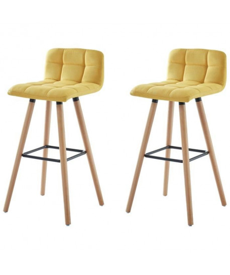 STINA Lot de bar 2 tabourets de bar en bois hetre massif  Revetement tissu jaune  Scandinave  L 42 x P 49 cm