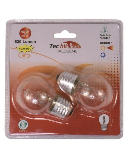 TEC HIT LIGHT Lot de 2 ampoules halogenes E27 42 W équivalent a 55 W blanc neutre